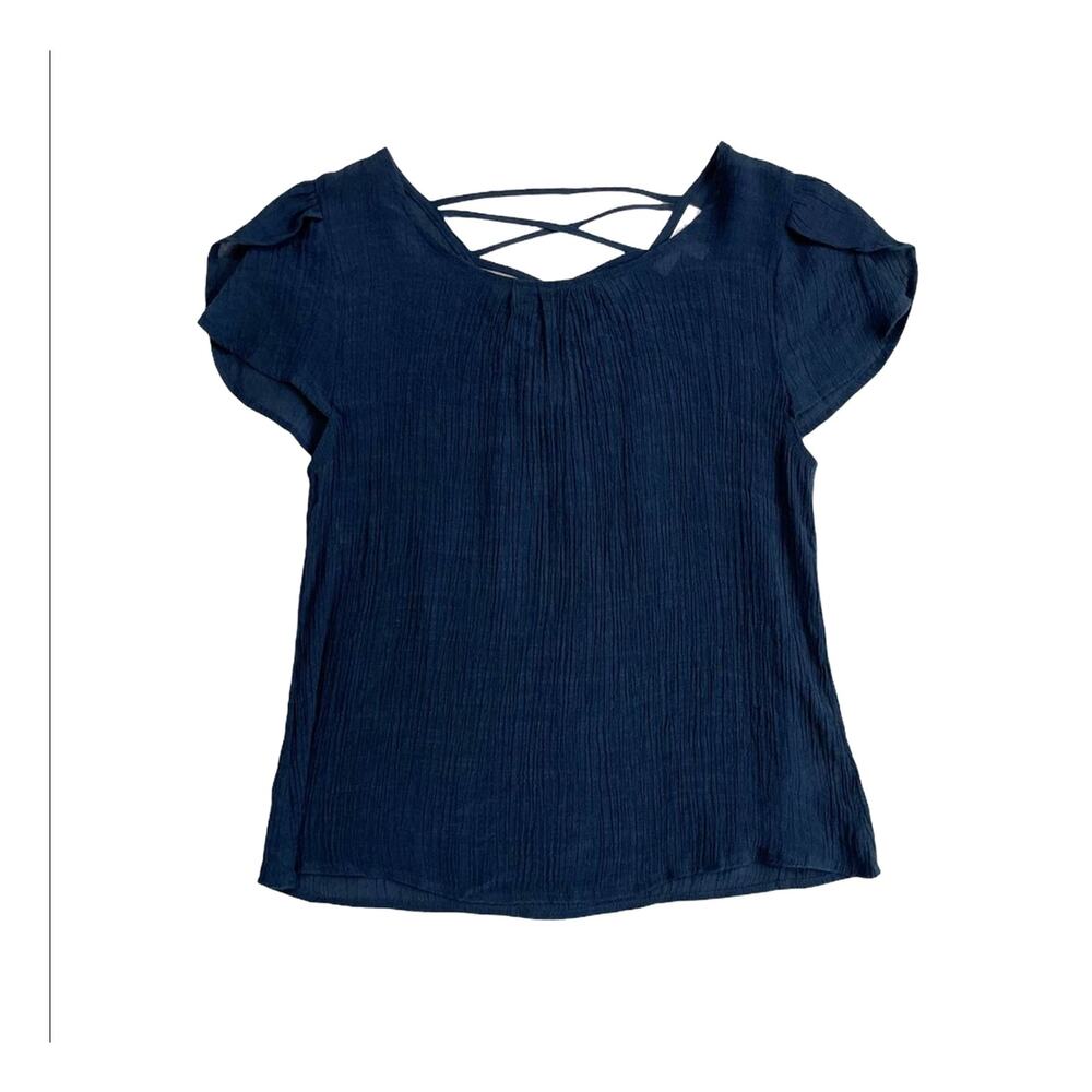 Active USA Navy Blue Textured Criss Cross Flowy Casual Basic Everyday Chic Top